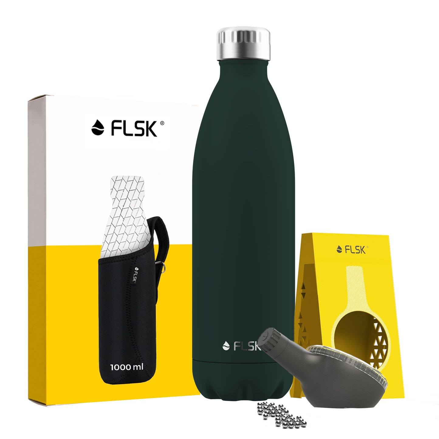 FLSK Premium Bundle Trinkflasche 1000 ml aus Edelstahl dark pine