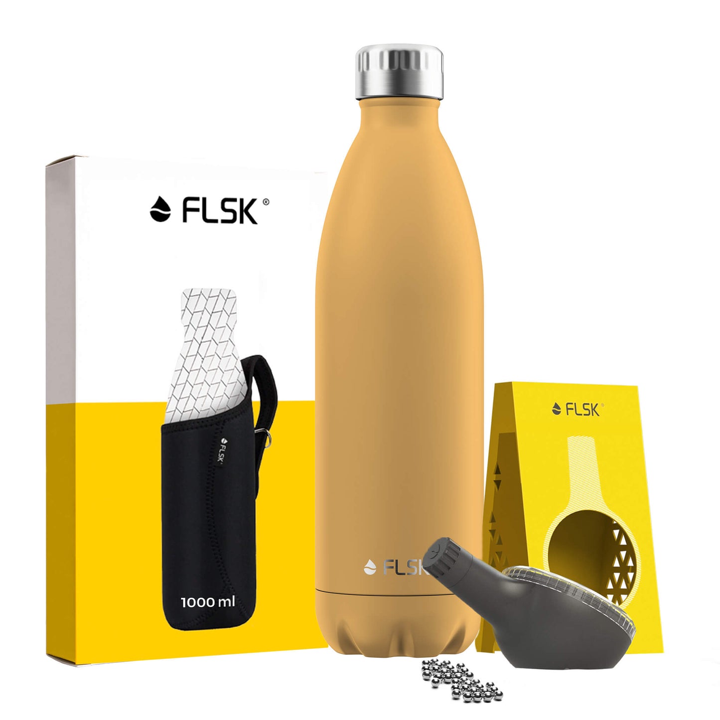 FLSK Premium Bundle Trinkflasche 1000 ml aus Edelstahl sunrise mit Neoprentasche und Reinigungsperlen