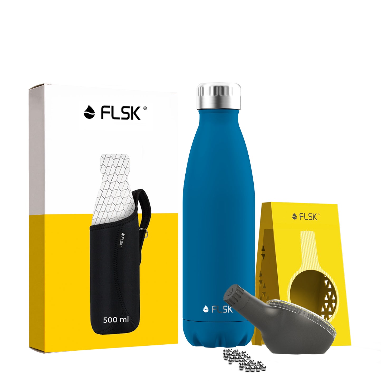 FLSK Premium Bundle Trinkflasche 500 ml aus Edelstahl ocean mit Neoprentasche und Reinigungsperlen