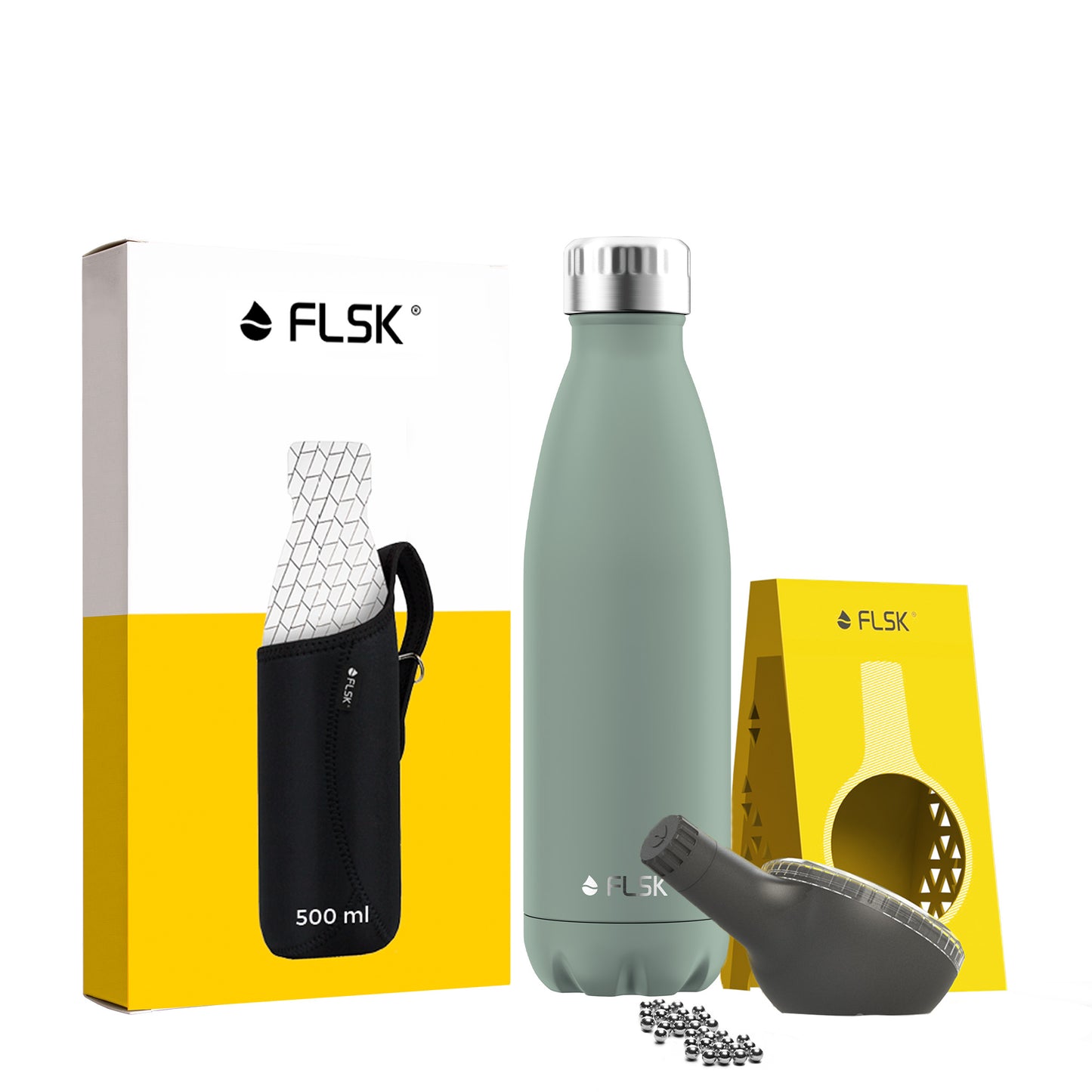 FLSK Premium Bundle Trinkflasche 500 ml aus Edelstahl sage mit Neoprentasche und Reinigungsperlen