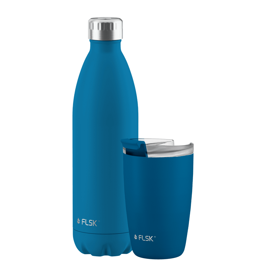 FLSK Bundle Trinkflasche 1000 ml und Kaffeebecher 350 ml aus Edelstahl ocean