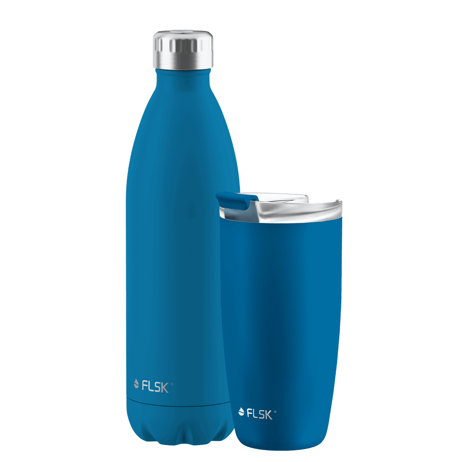 FLSK Bundle Trinkflasche 1000 ml und Kaffeebecher 500 ml aus Edelstahl ocean