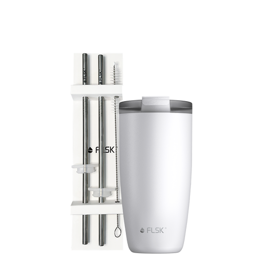 FLSK Kaffeebecher 500 ml white mit Strohhalm aus Edelstahl Bundle